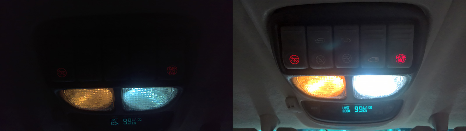 Pontiac Montana overhead dome LED lights conversion and comparison in brightness and color temperature